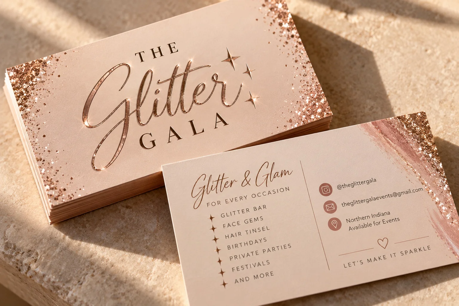 Rose gold The Glitter Gala business cards and branding