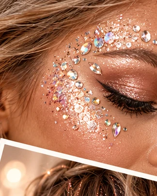 Illustration of a glittering eye makeup look with face gems